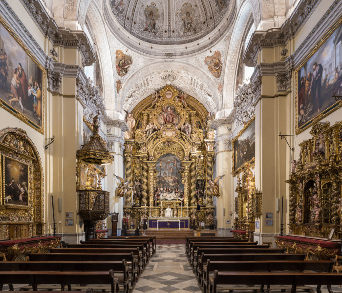 The Baroque-style church of Hospital de la Santa Caridad (Capilla de San Jorge) in Seville (Spain) completed in 1670.The interior decoration of the church was programmed by Miguel Mañara and artists such as Murillo, Valdés Leal, Pedro Roldán and Bernardo Simón de Pineda took part in it. The high altarpiece of the Charity shows the relief of Christ’s descent (Valdés Leal) and the sculpture group (Pedro Roldán), while the altarpiece was made by Bernardo Simón de Pineda.