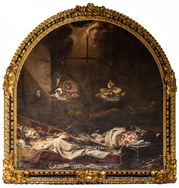 Finis Gloriae Mundi, Juan de Valdés Leal, 1672. Oil on canvas. Hospital de la Caridad, Sevilla.                                                                                                                                                                                                                                                                                                                                                                                                                                                                                                                    This work, together with "In Ictu Oculi", was commissioned from Juan de Valdés Leal for the Hospital de la Caridad in Seville. As a Vanitas genre painting, they allude to the banality of earthly life and the universality of death. It's also linked to the main purpose of the Brotherhood of Charity of Seville, which was to bury the executed and destitute of the city.                                The Baroque-style church of the Hospital de la Santa Caridad (Capilla de San Jorge) was promoted by Miguel Mañara in Seville, Spain and completed in 1670.