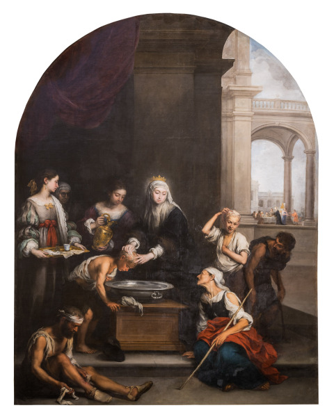 Saint Elisabeth of Hungary healing the poor, an oil on canvas by Bartolomé Esteban Murillo (1672) commissioned by Miguel Mañara as part of the iconographic program of the Iglesia de la Caridad. The canvas depicts Saint Elizabeth of Hungary helped by some ladies, while she pours water on the head of a child who is affected by ringworm.The Baroque-style church of Hospital de la Santa Caridad (Capilla de San Jorge) was promoted by Miguel de Mañara in Seville, Spain and completed in 1670.