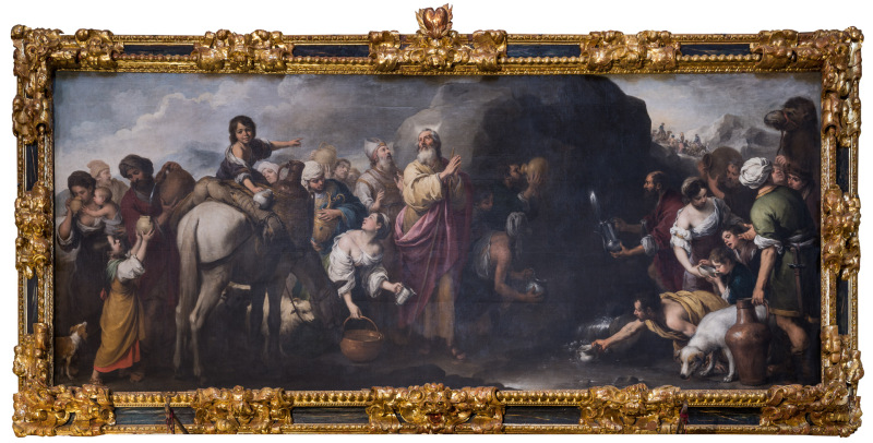 Moses and the water from the rock of Horeb, Bartolomé Esteban Murillo. Oil on canvas,  1670. Within the iconographic program created by Miguel Mañara, this painting depicts the work of mercy of giving drink to the thirsty from the Bible.The Baroque-style church of Hospital de la Santa Caridad (Capilla de San Jorge) was promoted by Miguel de Mañara in Seville, Spain and completed in 1670.