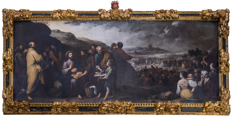 The Feeding of the Five Thousand, Bartolomé Esteban Murillo. Oil on canvas, 1670. Within the iconographic program created by Miguel Mañara, this painting depicts the work of mercy of feeding the hungry from the Bible.The Baroque-style church of Hospital de la Santa Caridad (Capilla de San Jorge) was promoted by Miguel de Mañara in Seville, Spain and completed in 1670.